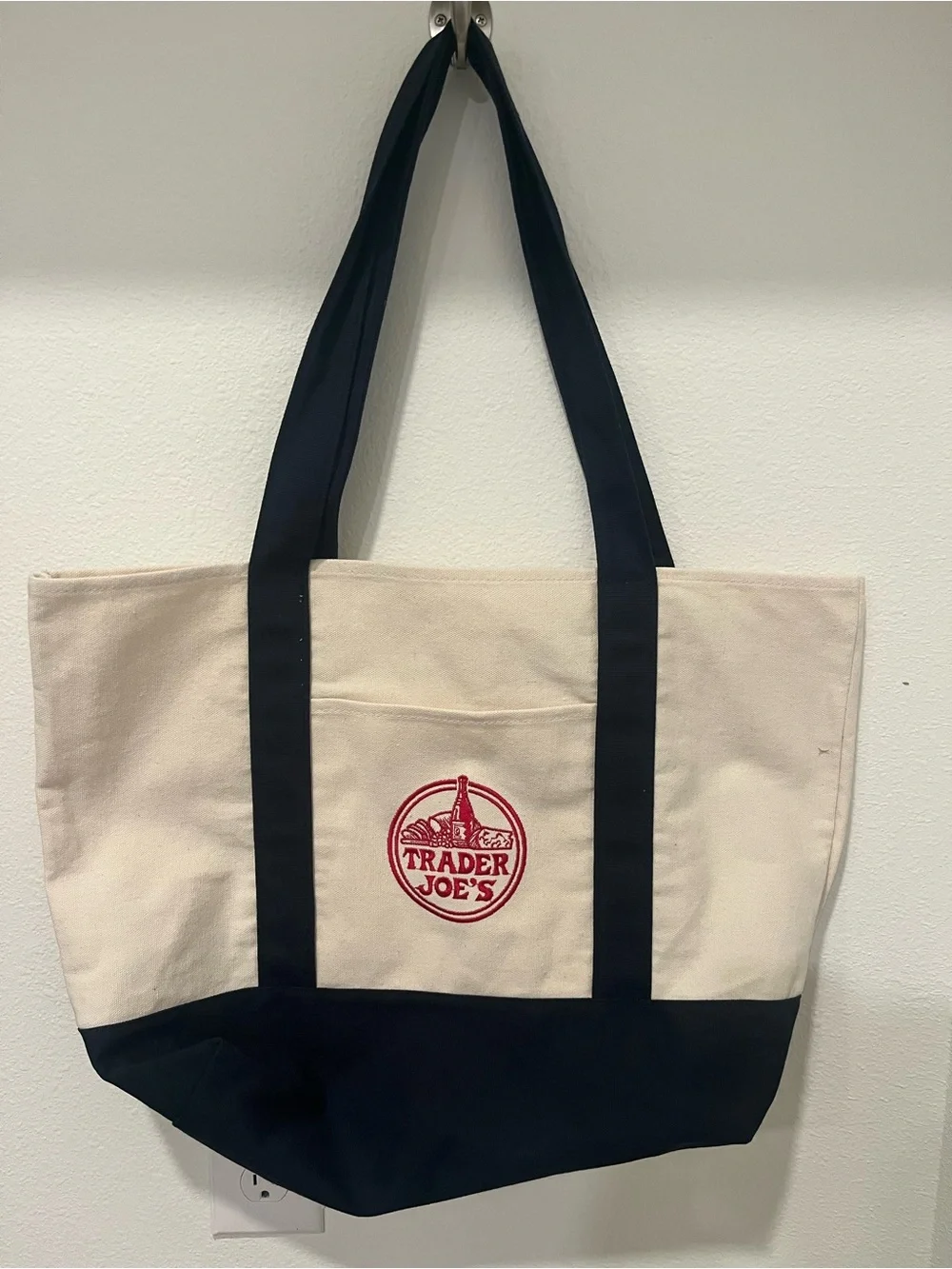 Trader Joe’s Large Canvas Tote Bag Black & Natural Embroidered Logo